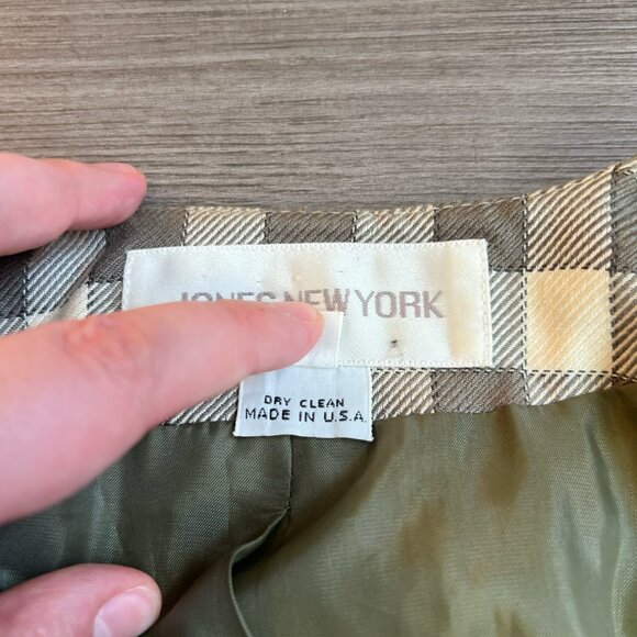 Vtg 80s Jones New York Olive & Cream Check Blazer Oversized Shoulder Pads Size 8 - Picture 3 of 6